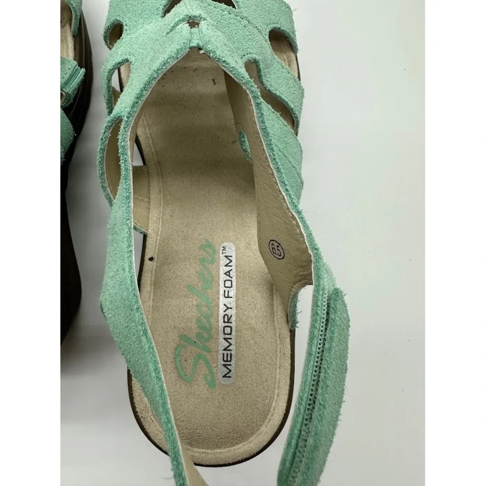 Skechers Parallel‎ Mint Green Suede Memory Foam Wedge Sandals Womens 6.5